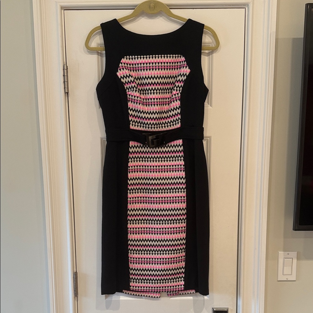 Milly of New York Black & Pink Zigzag Sleeveless Midi Wool Dress - Size 6